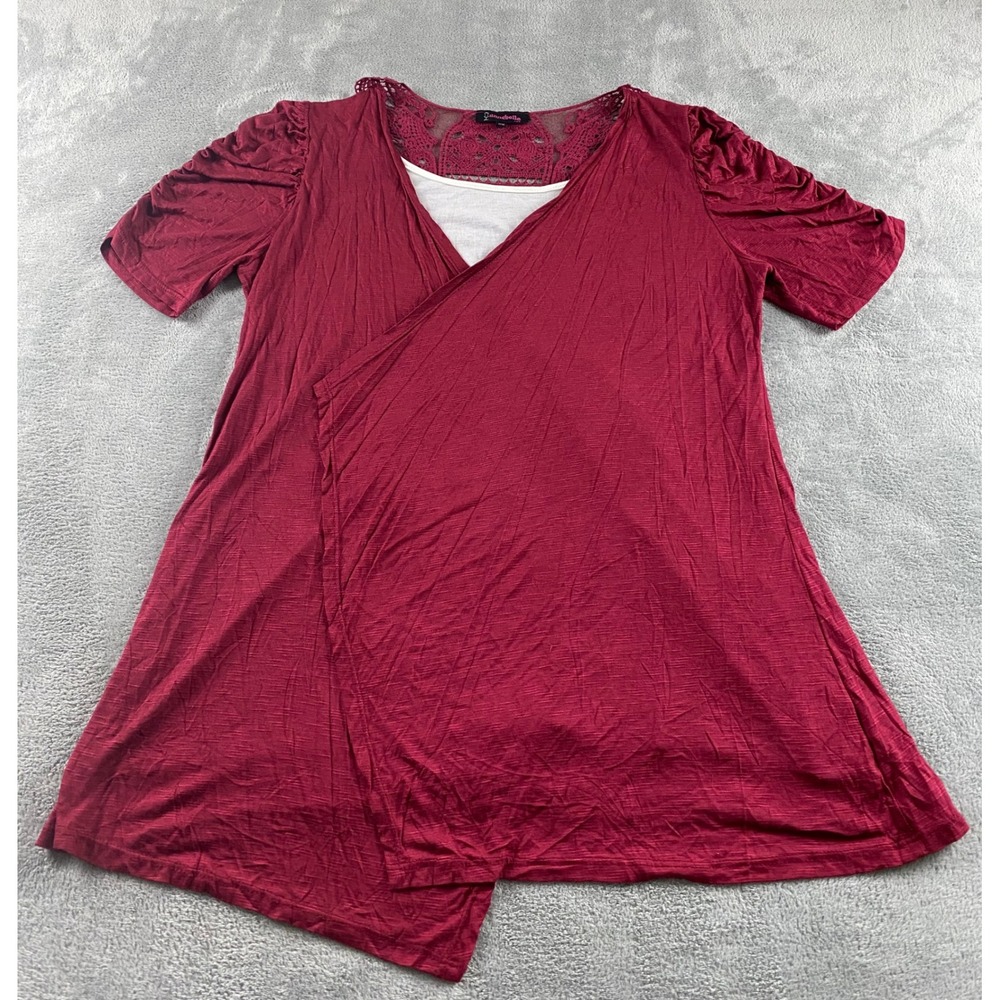 Annabelle USA Womens 2X Burgundy Faux Wrap Tunic Ruched Sleeve Crochet Lace Back